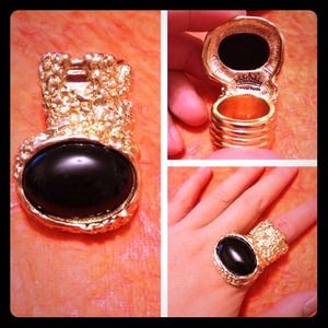 Gold black moonstone chunky ring