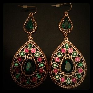 Gold chandelier earrings with green & pink stones