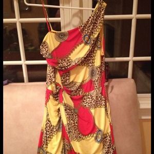 Roman style dress, chain, Greek key leopard print