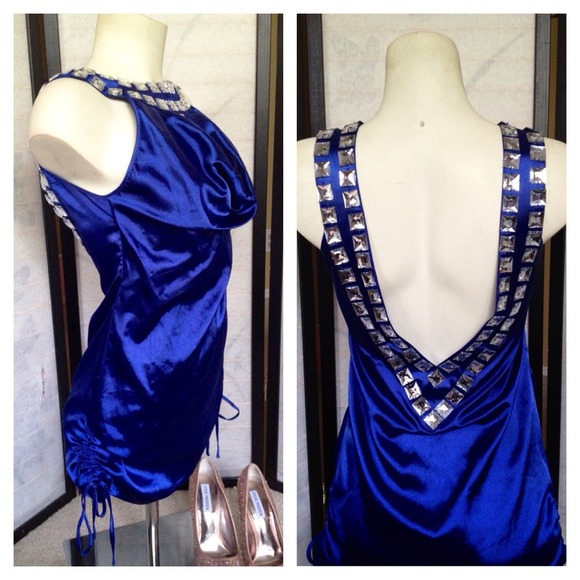 SOLD Sexy Backless Crystal Draped Blue Peep Dress - Picture 2 of 4