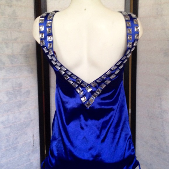 SOLD Sexy Backless Crystal Draped Blue Peep Dress - Picture 3 of 4