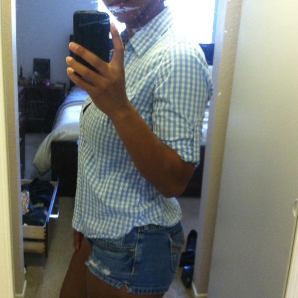 Blue and white checkered button up