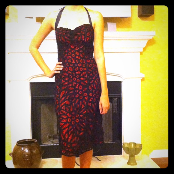 Embroidered red halter dress