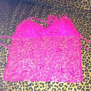 Pink open back halter with ties.