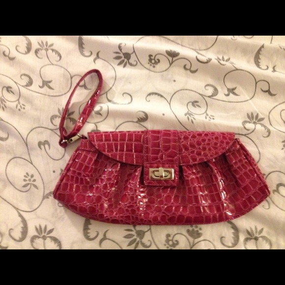 Pink faux croc semi patent leather clutch