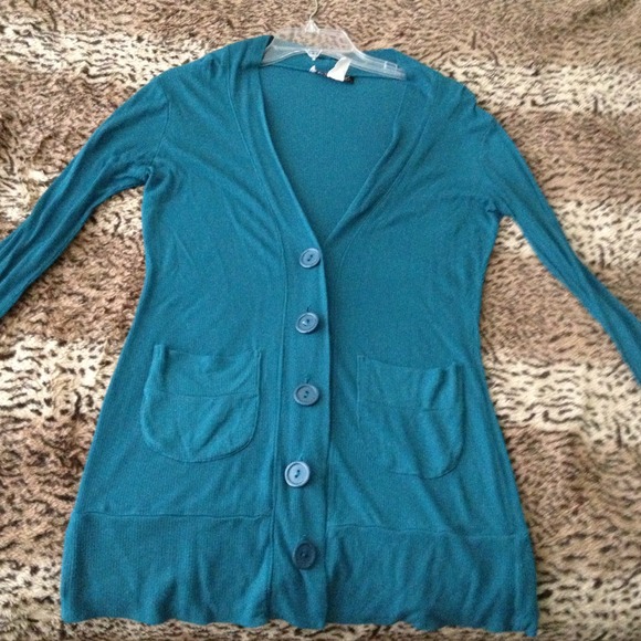 "Say What" Teal cardigan size medium.