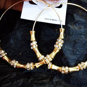 Gold Hoops with Bamboo and Rhinestones