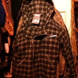 Grey and navy plaid, long sleeved, jacket.