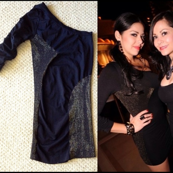 bebe Dresses & Skirts - *Reduced* Bebe black w gold inset one sleeve dress