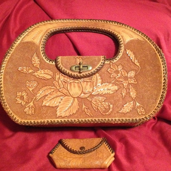 Tooled leather handbag with matching coin purse