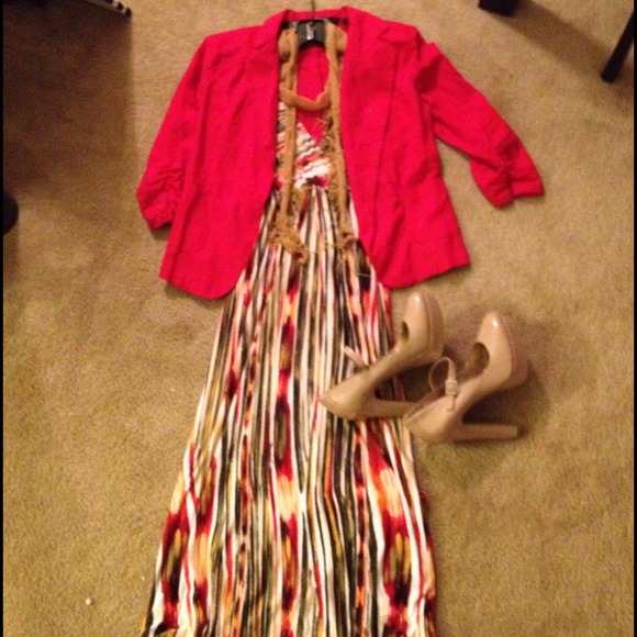 Long striped black, cream, red dress. Sz M