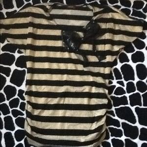 Black and gold stripped blouse with black bow