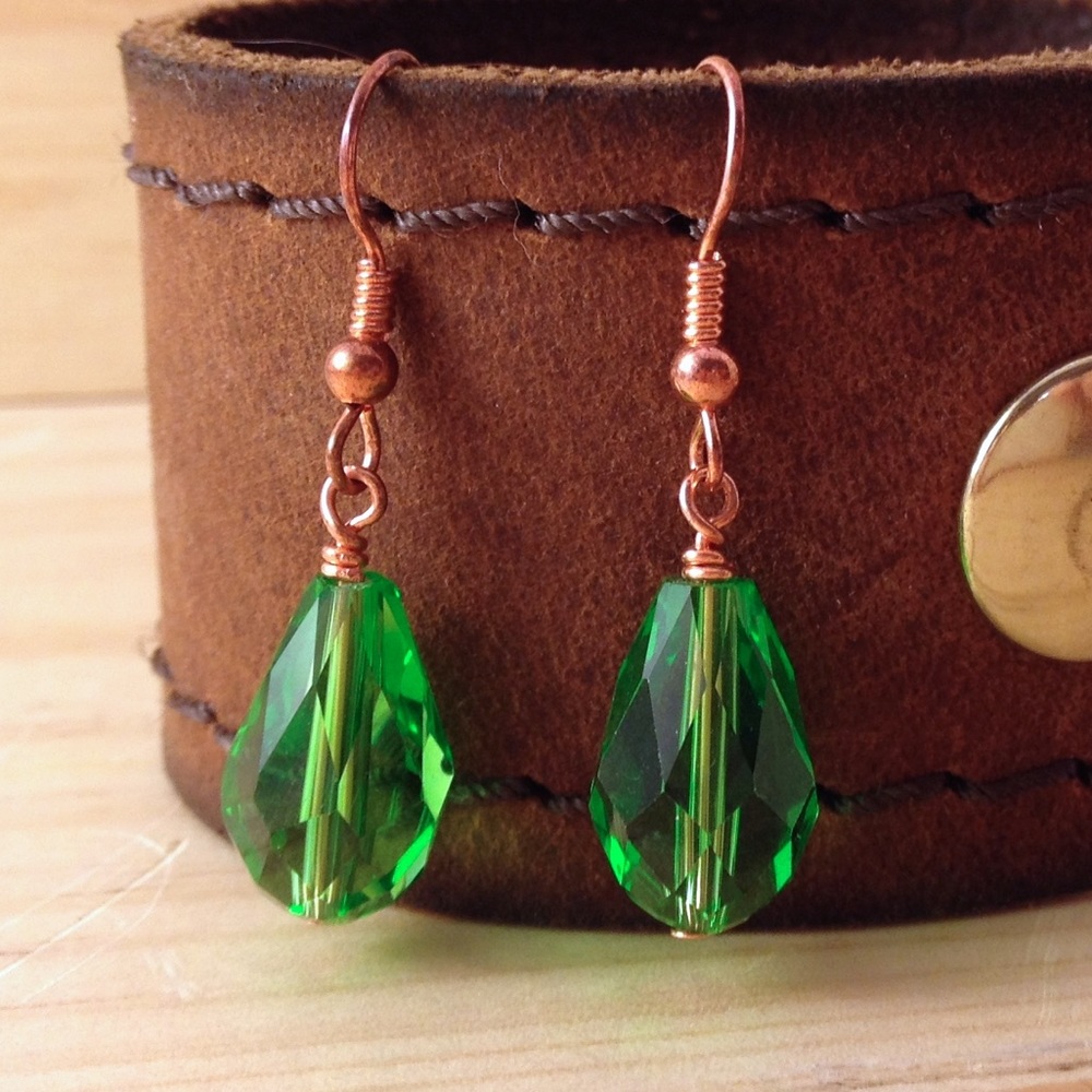 Green Crystal & Copper Drop Dainty Earrings