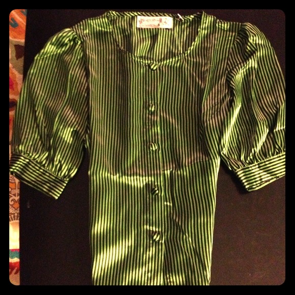 Green and Black Striped 100% Silk Blouse