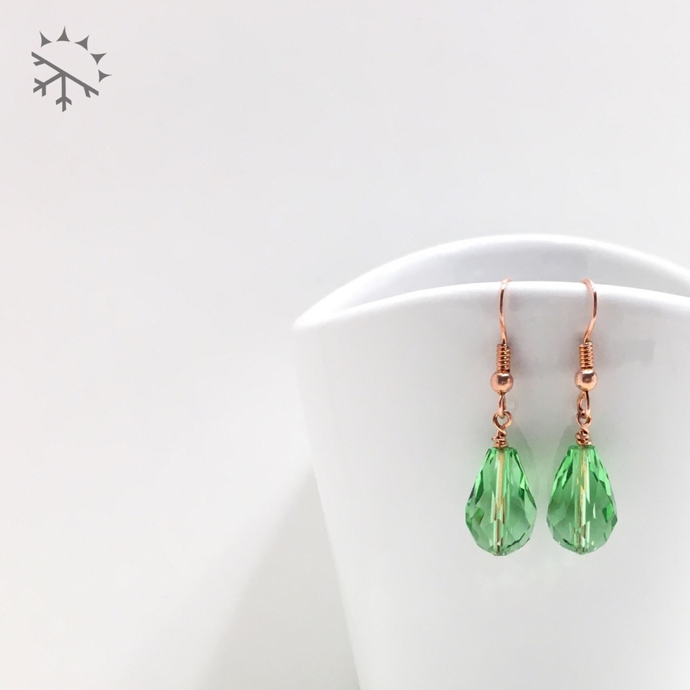 Green Crystal & Copper Dainty Earrings