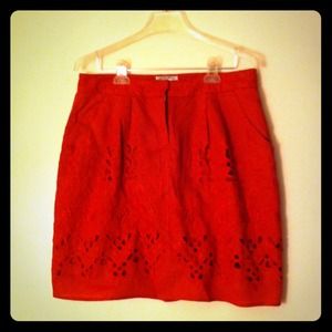 Tomato red mini with lace and embroidery detail.