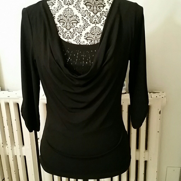 Embellished black draped neck top