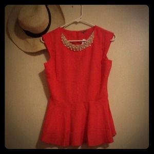 Peplum coral top with pearl inspired collar. BNWT