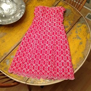 Red with white embroidery, scalloped dress