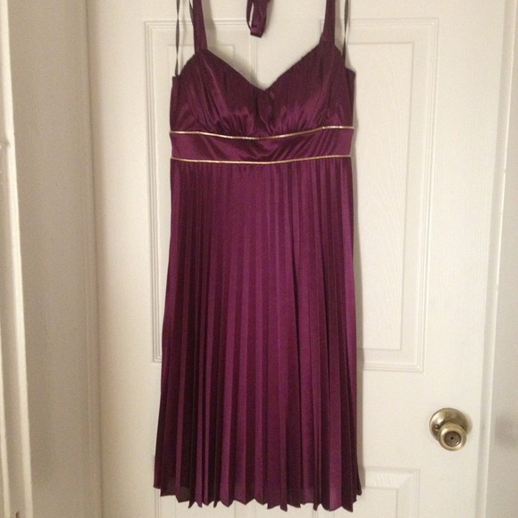 Plum semi formal dress with gold accents