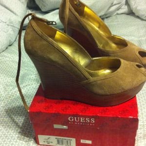 Dark tan suede wedges/with wood bottoms but light