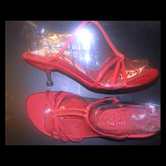 ENZO Red Satin Heels with Beaded Detail