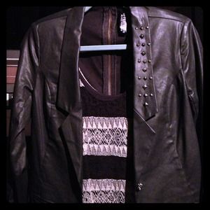 RESERVED Black studded long leather jacket