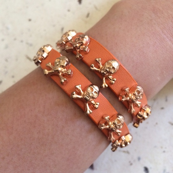 Orange Skull Bejeweled Leather Wrap Bracelets