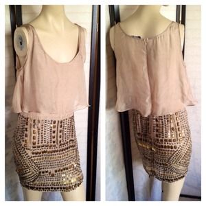 bebe Dresses & Skirts - SOLD Bebe Beige Beaded Embellished Sheer Dress bebe Dresses & Skirts - SOLD Bebe Beige Beaded Embellished Sheer Dress