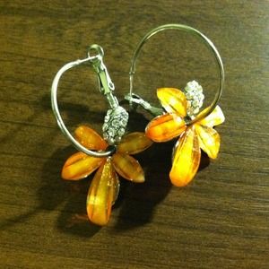 Orange glass with silver jeweled flower earrings