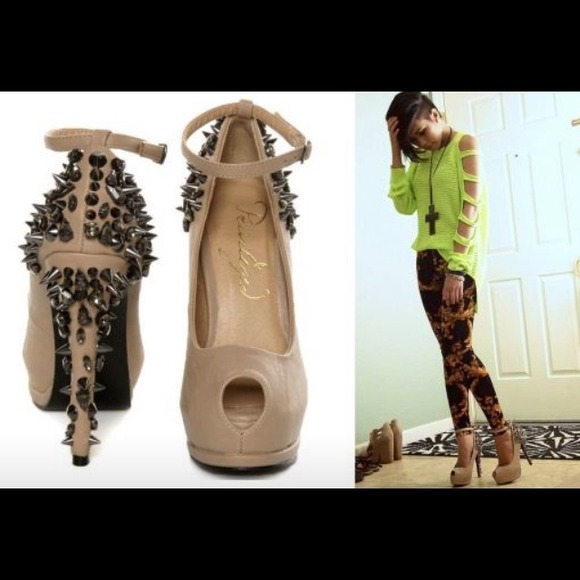 Nude Jeweled and Spiked Peep Toe pumps