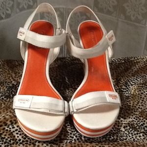 ♨Reduced♨Orange/White Coach Mylar Wedge Sandals 7M