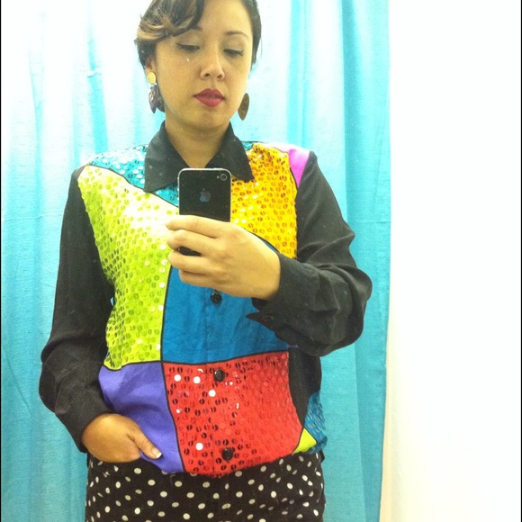 ✨Vintage silk blouse with color block sequins - Picture 2 of 3