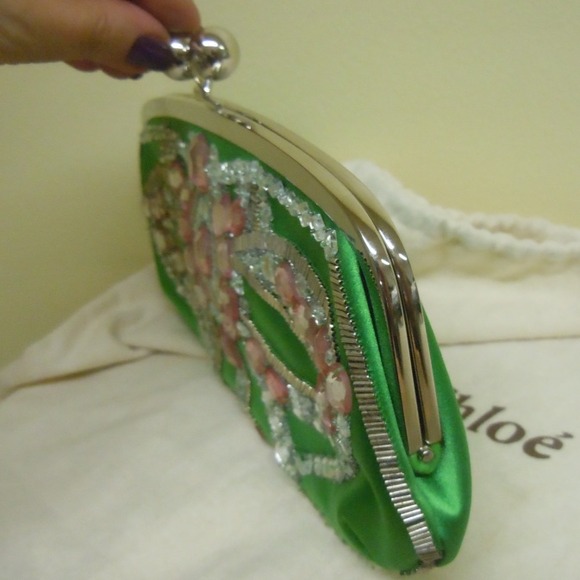 $$SOLD$$! CHLOE Stone Adorned Green Satin Clutch - Picture 2 of 5