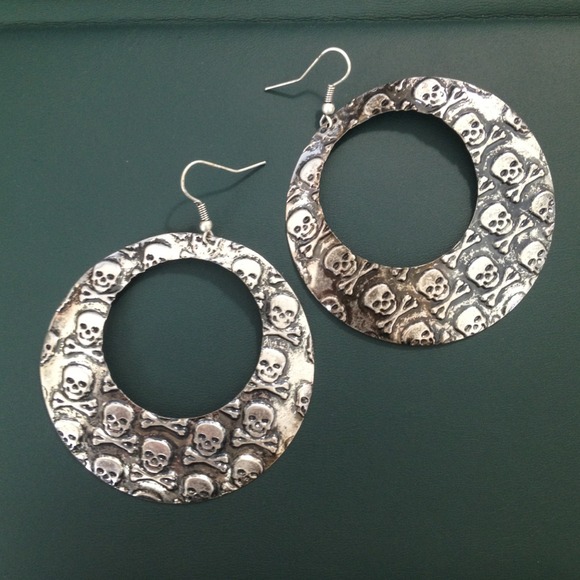 Antique silver "skull" hoop dangle earrings