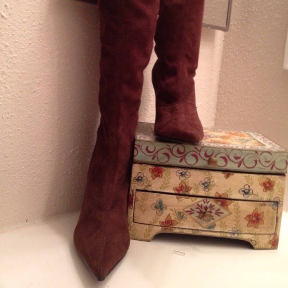 Pink Striped Brown Suede Stiletto Heel Boots - Picture 3 of 4