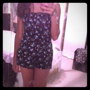 Romper -- Black with teal and white flowers