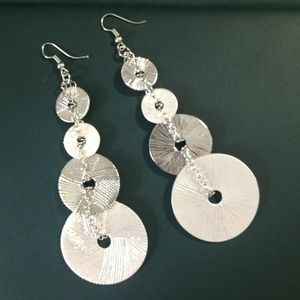 Silver textured disks link dangle eartings