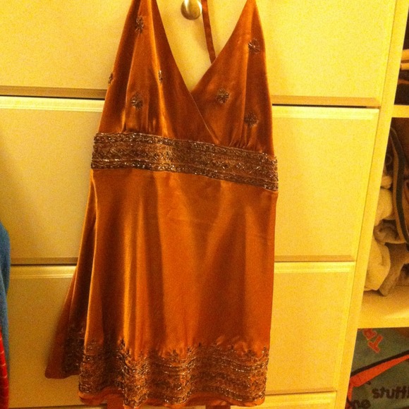 Arden B. bronze satin beaded tie halter