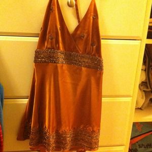 Arden B. bronze satin beaded tie halter
