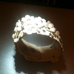 White Leather Studded Flower Cuff