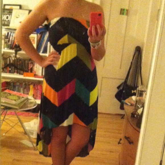 Strapless Geometric Hi-Low Hem Dress