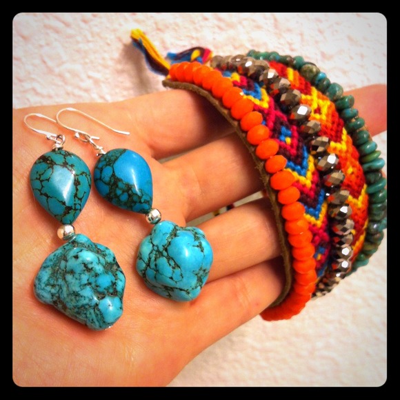 Sterling Silver turquoise chunk earrings and cuff