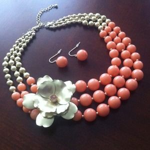 Gold & Coral statement necklace and earring set