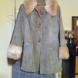 Grey leather coat with fur collar and cuffs
