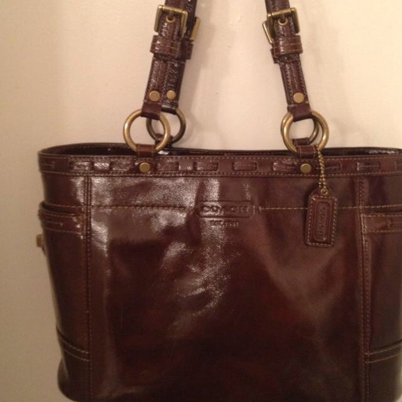 Authentic Chocolate Patent Leather Coach Handbag - Picture 2 of 4