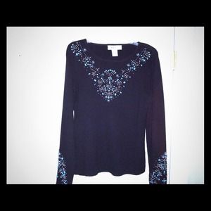 Black knit sweater with turq & silver beads sz med