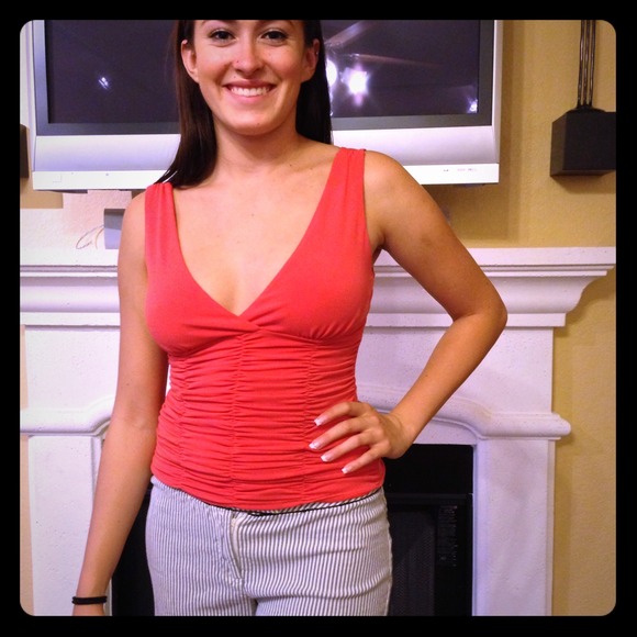 Hot coral ruched vneck top