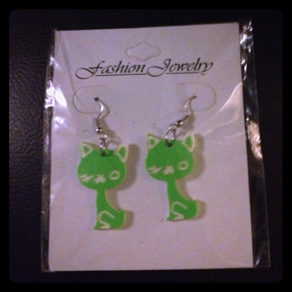 Green And White Kitten Earrings