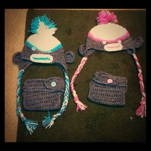 2 sock monkey hats, and diaper cover
